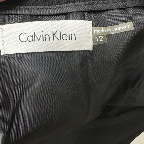 Calvin Klein Black Suit Jacket Gold Zip Faux Pockets and Skirt 2 Piece Size 12 - Picture 14 of 16